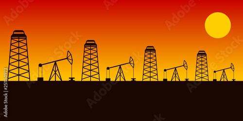 Pumpjacks and oil rigs in a row. Oilfield in desert. Vector illustration.