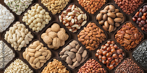 assorted nuts background, large mix seeds. raw food products: pecan, hazelnuts, walnuts, pistachios, almonds, macadamia, cashew, peanut and other photo