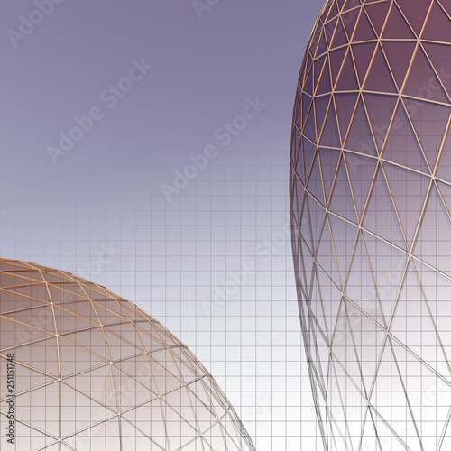 The building in modern style is lit by the morning sun. Glass domes. Illustration combined with drawing. 3D illustration.
