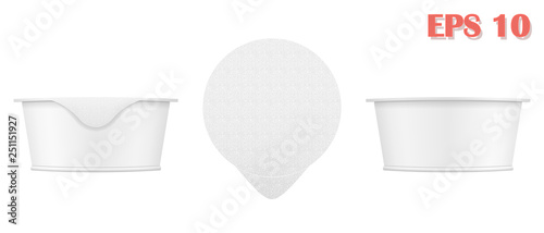 Vector realistic image of a plastic cup (mock-up, layout) for yogurt, ice cream (or other food) with a paper label. EPS 10.