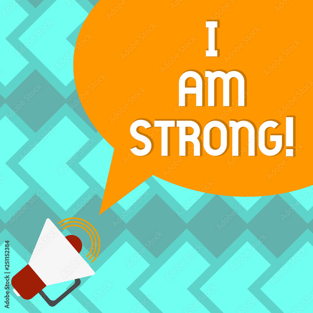 Text sign showing I Am Strong. Conceptual photo Have great strength being healthy powerful achieving everything Megaphone with Sound Volume Icon and Blank Color Speech Bubble photo Text sign showing I Am Strong. Conceptual photo Have great strength being healthy powerful achieving everything Megaphone with Sound Volume Icon and Blank Color Speech Bubble photo