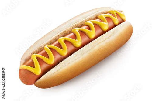 Murais de parede Delicious hot dog with mustard, isolated on white background