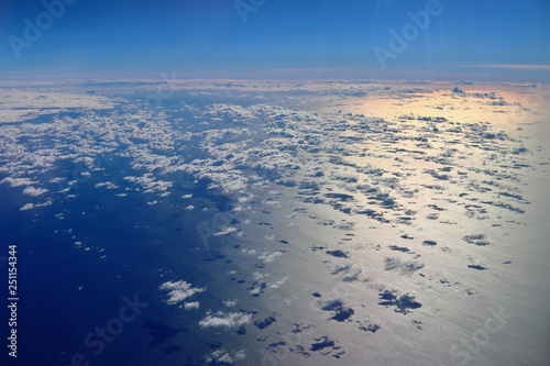 Sky and sea. Cumulus clouds above the Mediterranean Sea. Aerial view.