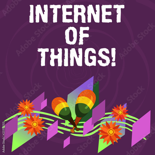 Handwriting text Internet Of Things. Concept meaning interconnection via Internet computing devices embedded Colorful Instrument Maracas Handmade Flowers and Curved Musical Staff