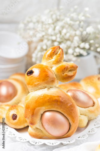 Sweet Easter bunny bread with egg. 