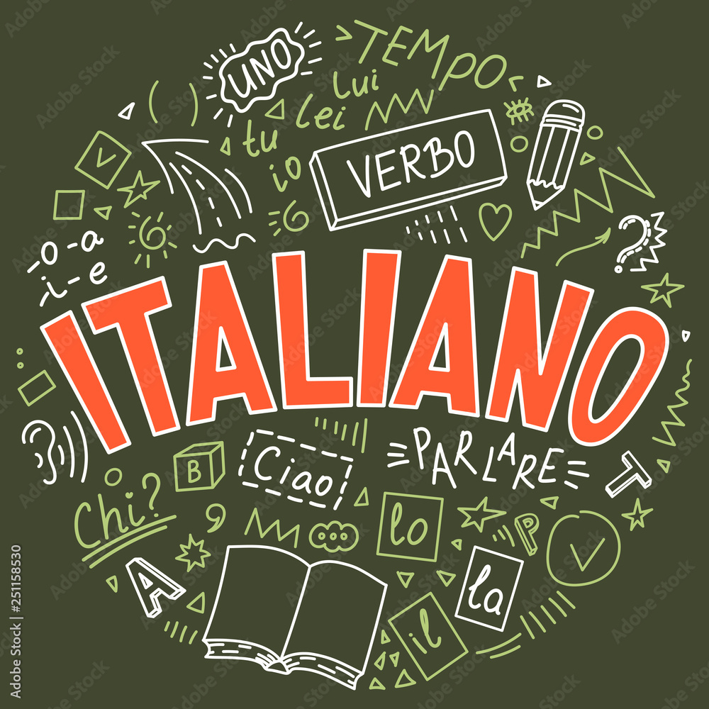 Fototapeta premium Italiano. Language hand drawn doodles and lettering. 