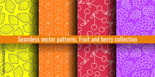 Seamless pattern set. Juicy fruit and berry collection. Lemon, mandarin, cherry, grape. Hand drawn color vector sketch background. Colorful doodle wallpaper. Summer print