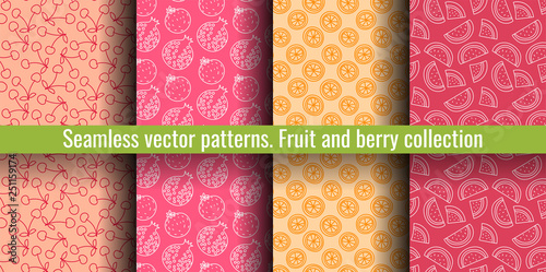 Seamless pattern set. Juicy fruit and berry collection. Cherry, pomegranate, orange, watermelon. Hand drawn color vector sketch background. Colorful doodle wallpaper. Summer print