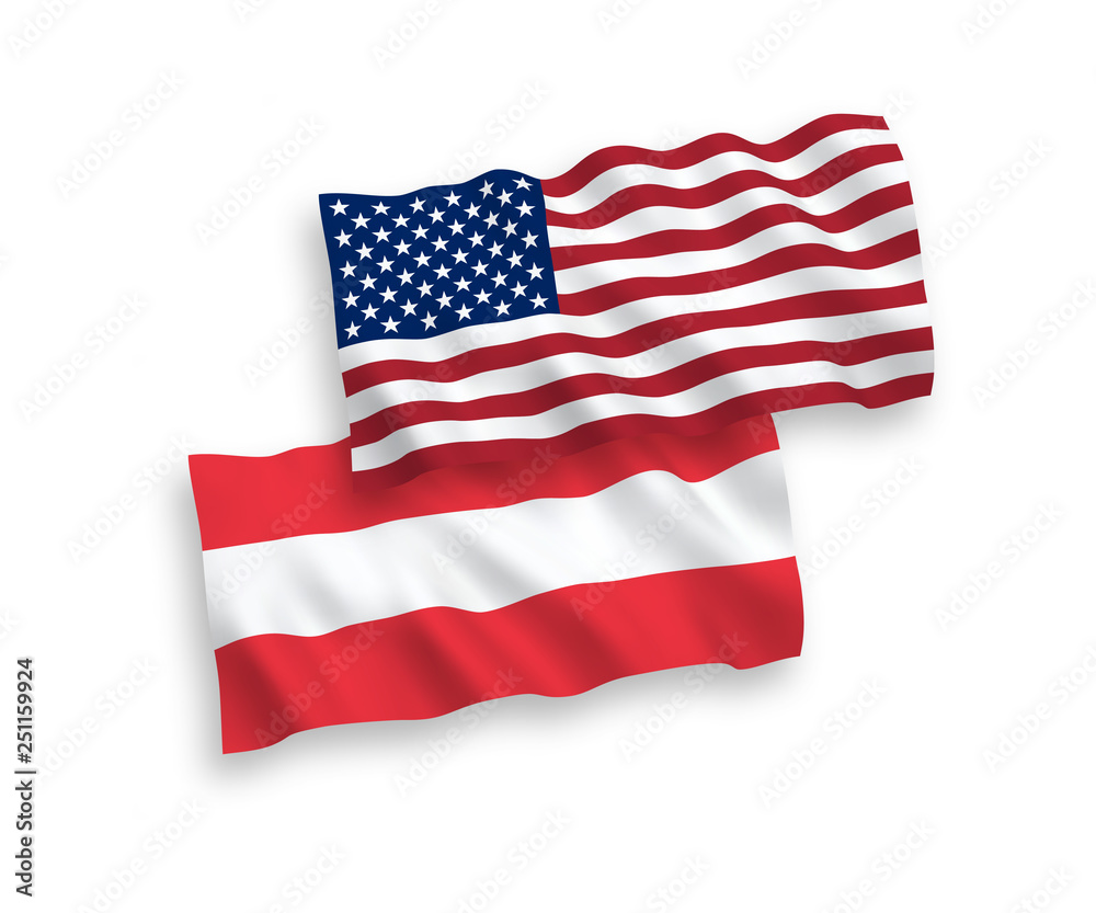 National vector fabric wave flags of Austria and America isolated on white background. 1 to 2 proportion. National vector fabric wave flags of Austria and America isolated on white background. 1 to 2 proportion.