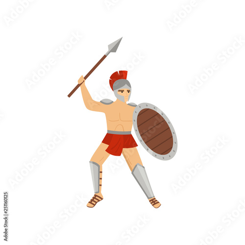 Strong legionary in red loincloth, steel helmet and greave fighting isolated on white background