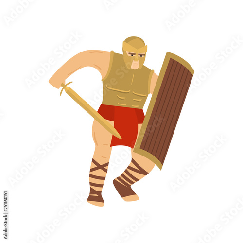Fighting strong legionary in steel armor isolated on white background