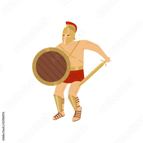 Fighting strong gladiator in red loincloth isolated on white background