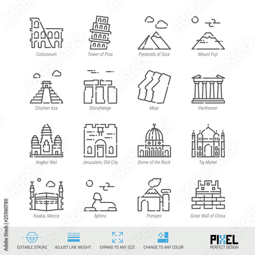 Vector Line Icon Set. World Sights Related Linear Icons. Old Landmarks Symbols, Pictograms, Signs. Pixel Perfect Design. Editable Stroke. Adjust Line Weight. Expand to Any Size. Change to Any Color.
