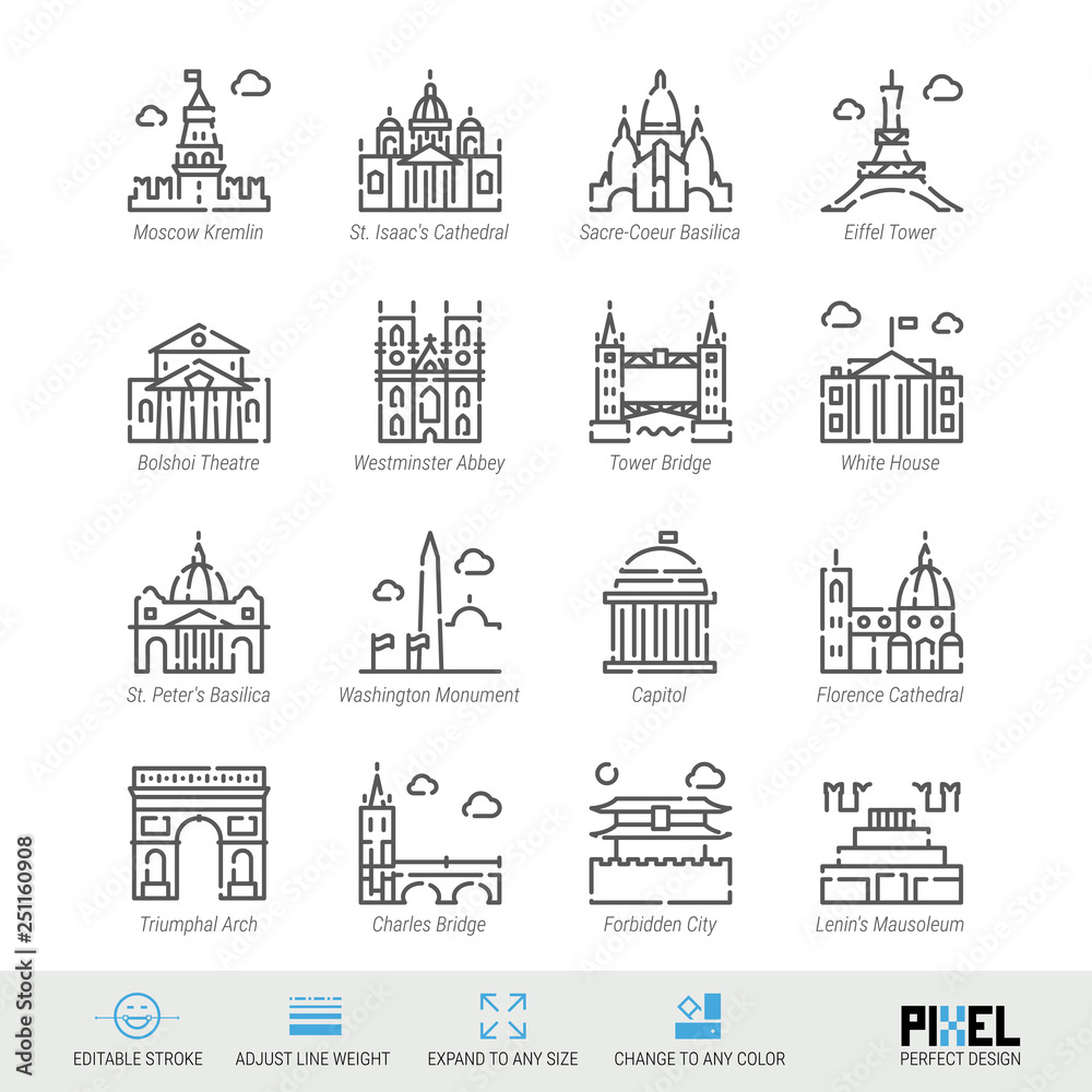 Vector Line Icon Set. World Sights Related Linear Icons. Old Landmarks Symbols, Pictograms, Signs. Pixel Perfect Design. Editable Stroke. Adjust Line Weight. Expand to Any Size. Change to Any Color.