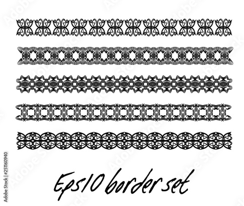 Antiquarian border set in black and white, monochrome collection of vintage border, filigree art deco elements, vector design
