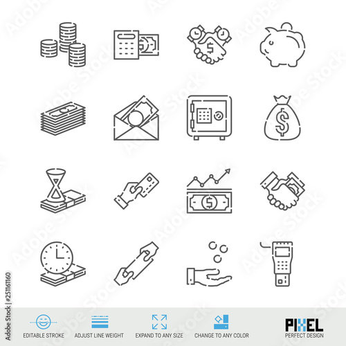 Vector Line Icon Set. Money Related Linear Icons. Finance Symbols, Pictograms, Signs. Pixel Perfect Design. Editable Stroke. Adjust Line Weight. Expand to Any Size. Change to Any Color. photo