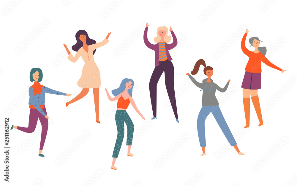 Set Group Young Happy Dancing People Different Race. Smiling Women in Bright Clothes Enjoying Dance Part. Female Dancers Isolated on White Background. Colorful Flat Cartoon Vector Illustration Set Group Young Happy Dancing People Different Race. Smiling Women in Bright Clothes Enjoying Dance Part. Female Dancers Isolated on White Background. Colorful Flat Cartoon Vector Illustration
