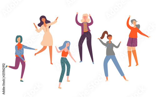 Set Group Young Happy Dancing People Different Race. Smiling Women in Bright Clothes Enjoying Dance Part. Female Dancers Isolated on White Background. Colorful Flat Cartoon Vector Illustration