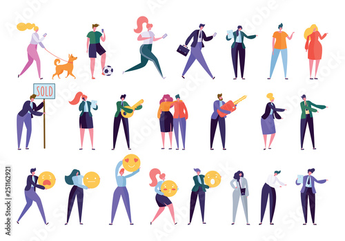 Collection Creative Various Lifestyle Character. Set Crowd of People Performing Activity - Walking Dog, Going Sport, Looking Job, Doing Business, Building Family. Flat Cartoon Vector Illustration