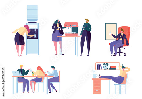 Flat Design Business People Coffee Break Work. Group of People, Colleagues, Office Worker, Friend, Drinking Coffee, Tea, Water from Cooler Office Vector Illustration Isolated on White Background