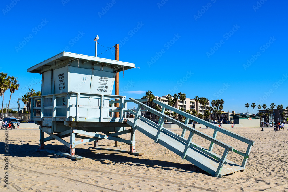 USA Beach and Lifeguard Tower in Santa Monica, California