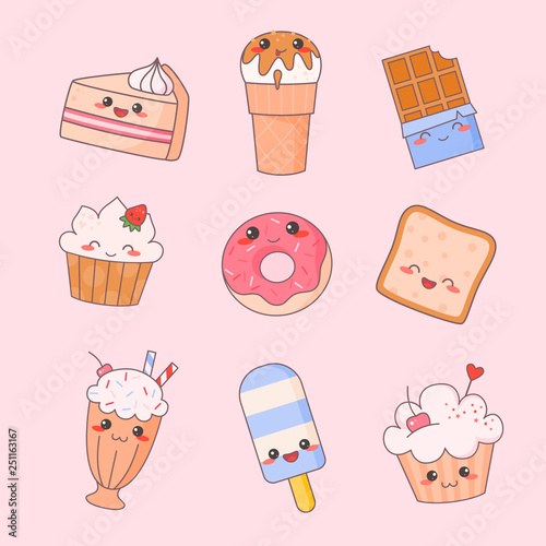 Sweet Food Kawaii Cute Face Set. Ice Cream and Donut Dessert Character Isolated Sticker Collection. Restaurant Menu Icon Kit. Funny Japanese Meal Emoji Doodle Flat Cartoon Vector Illustration