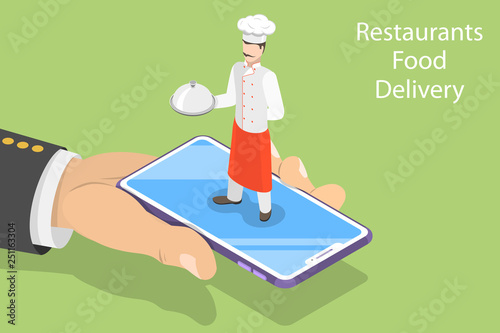 Flat isometric vector concept of table online reservation, mobile booking, food ordering and delivery.