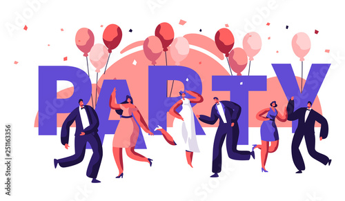 Dance Party Motivation Typography Banner. Event Celebration Disco Man Woman on Balloon Backdrop Flyer. Modern Entertainment Horizontal Poster Design Concept Flat Cartoon Vector Illustration