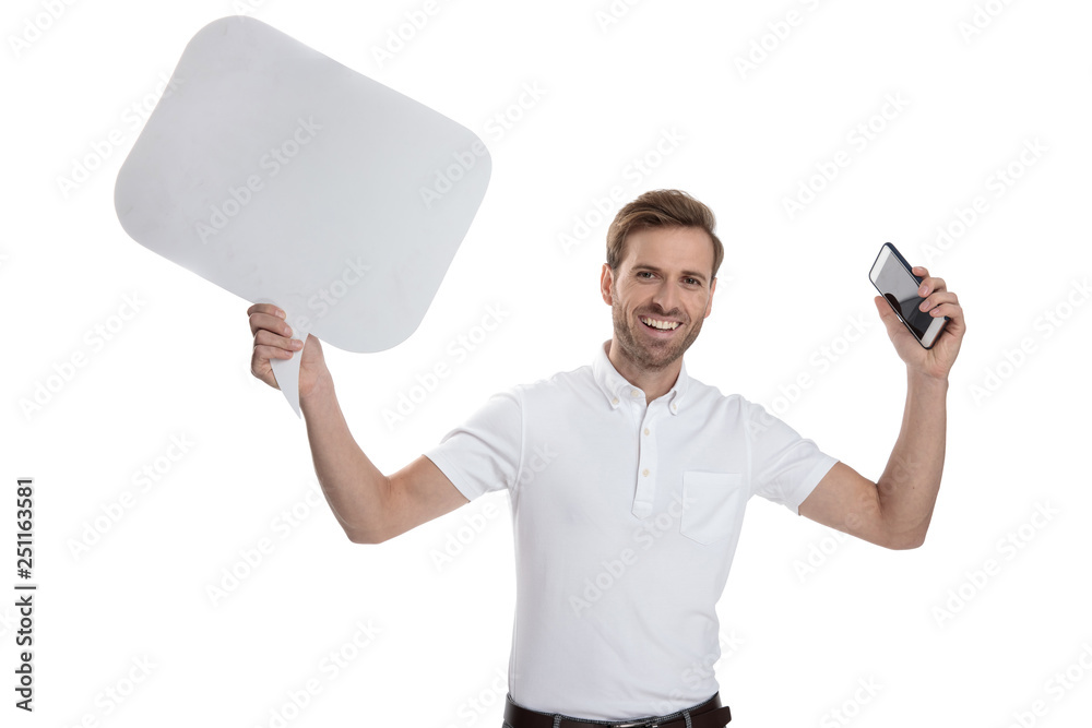 man celebrates with hands up holding phone and speech bubble man celebrates with hands up holding phone and speech bubble