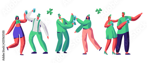 St Patrick Day Celebration Character Drink Beer. Happy People Couple in Green Hat have Fun at Irish Parade. Traditional Carnival Woman Set Isolated Flat Cartoon Vector Illustration