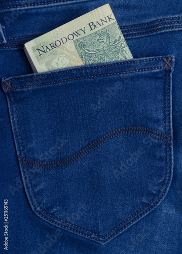 Polish banknotes in jeans pocket. CloseUp.