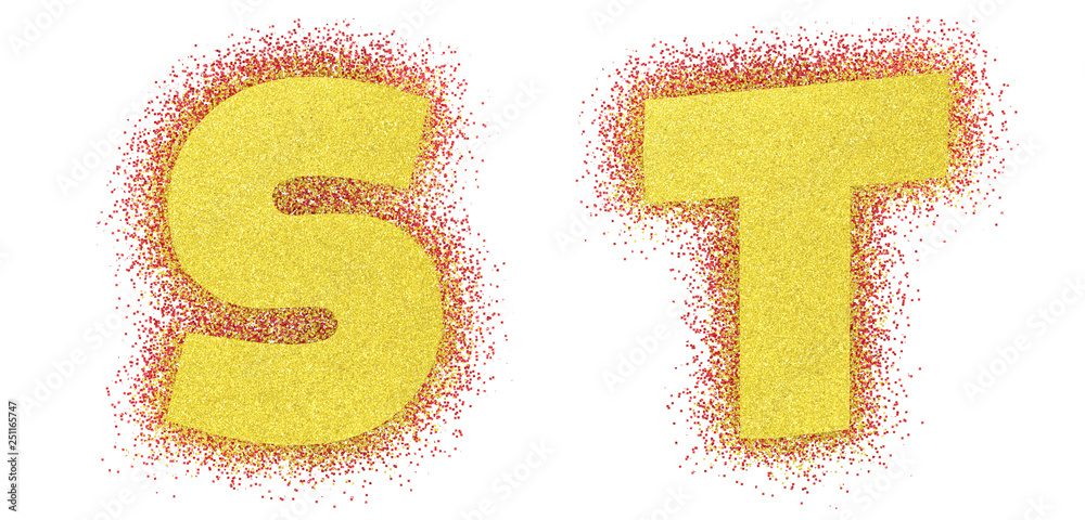 Gold glitter alphabet font. Bold letteres comics. Yellow font 3d render. Path save. Letters S, T Gold glitter alphabet font. Bold letteres comics. Yellow font 3d render. Path save. Letters S, T