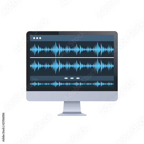 sound monitor audio waves oscillating blue light computer display digital technology record sound in studio concept white background