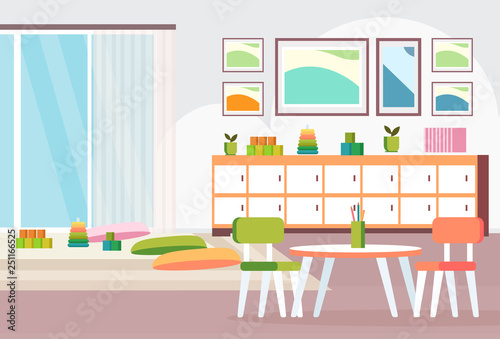 preschool modern kindergarten children classroom with desk chairs and playroom decoration colorful furniture empty no people kid room interior flat horizontal