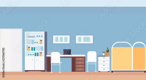 empty pediatrician workplace desk modern hospital office interior clinic room with furniture flat horizontal