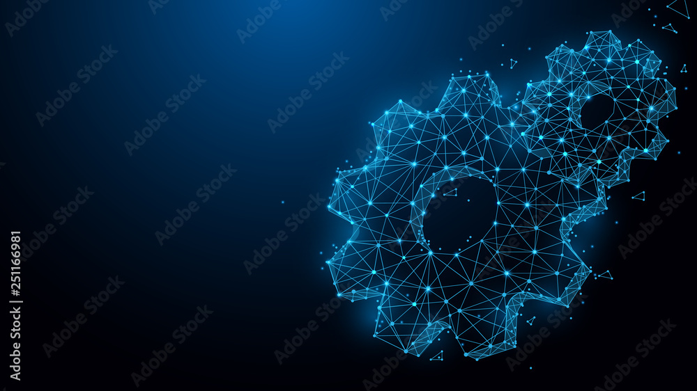 Settings gear icon from lines, triangles and particle style design. Illustration vector