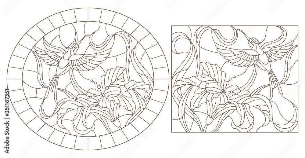 A set of contour illustrations of stained glass Windows with hummingbirds and lilies, oval and rectangular images A set of contour illustrations of stained glass Windows with hummingbirds and lilies, oval and rectangular images
