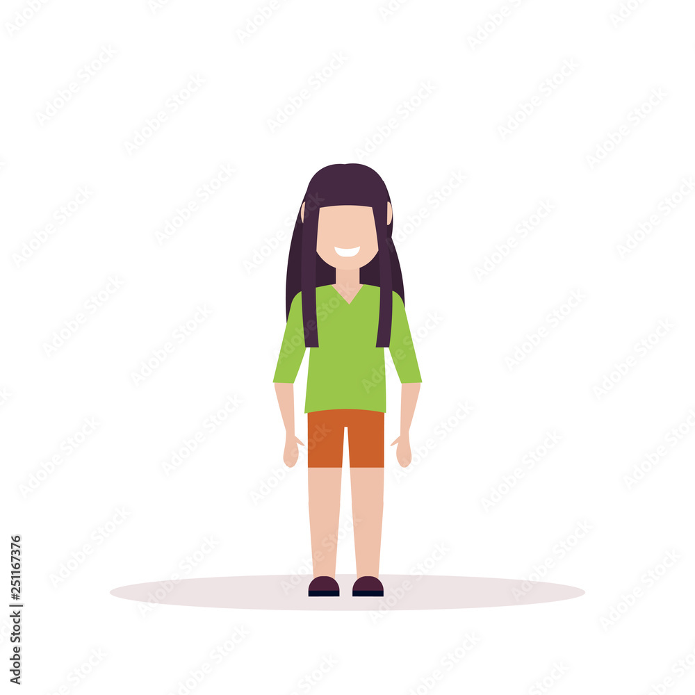happy brunette girl standing pose little child female cartoon character full length flat white background happy brunette girl standing pose little child female cartoon character full length flat white background