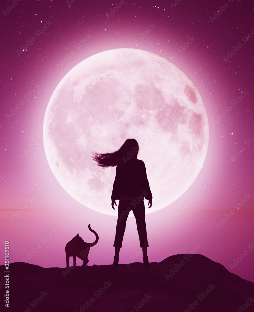 Girl with the cat on the cliff looking to the moon,3d rendering