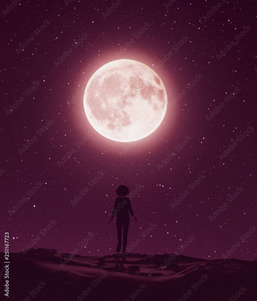 Girl walking to the moon in starry night,3d rendering Girl walking to the moon in starry night,3d rendering
