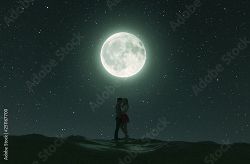 Love couples under the moonlight,3d rendering
