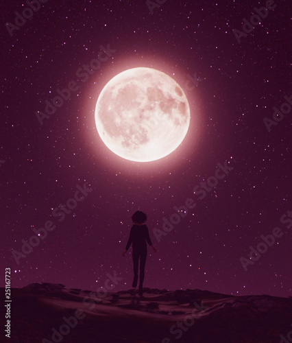 Girl walking to the moon in starry night,3d rendering