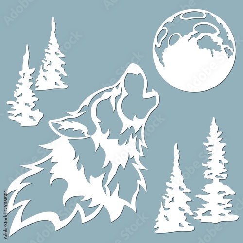 The wolf howls at the moon. Vector illustration. Paper wolf sticker. Laser cut. Template for laser cutting and Plotter. Vector illustration. Sticker. Pattern for the laser cut, serigraphy, plotter and