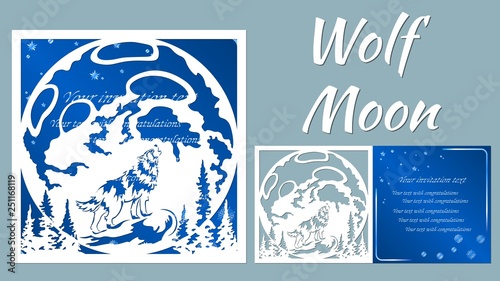 The wolf howls at the moon. Vector illustration. Paper wolf sticker. Laser cut. Template for laser cutting and Plotter. Vector illustration. Sticker. Pattern for the laser cut, serigraphy, plotter and