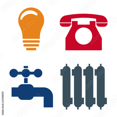 Set of 4 Utilities Icons. Symbols of Power, Water, Gas, Heating. Vector illustration for Your Design.