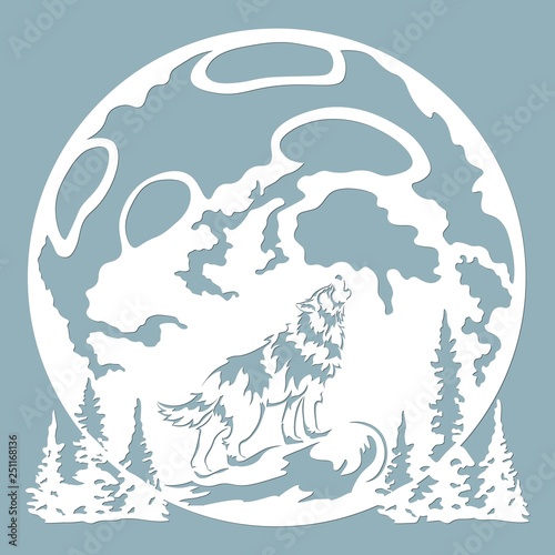 The wolf howls at the moon. Vector illustration. Paper wolf sticker. Laser cut. Template for laser cutting and Plotter. Vector illustration. Sticker. Pattern for the laser cut, serigraphy, plotter and