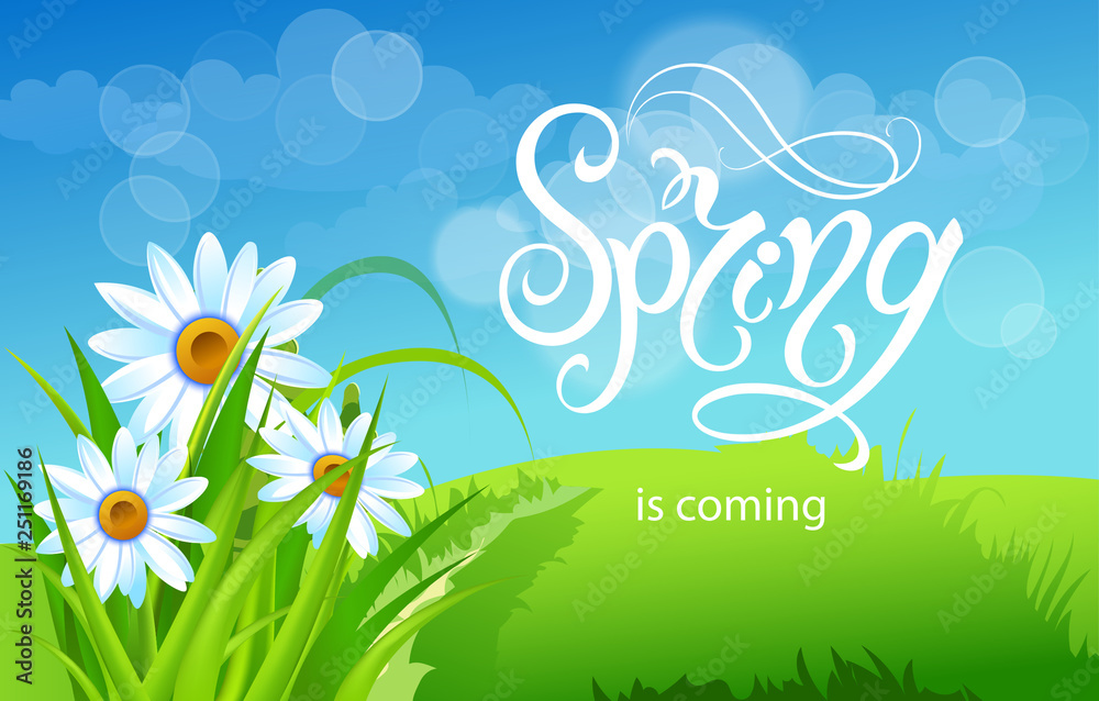 Obraz premium Spring time. Handwritten calligraphy lettering with grass background. Vector image.