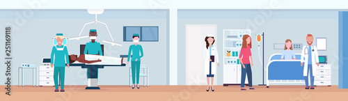 surgeons operating patient on operation table doctors visiting woman lying in bed intensive therapy ward surgery room interior healthcare concept horizontal banner flat full length