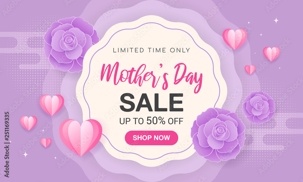Mother's day sale vector illustration. Beautiful flowers and hearts paper art style on purple background. 