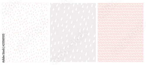 Set of 3 Cute Abstract Geometric Vector Patterns. White, Warm Gray and Pink Color Design. Brushed Raindrops on a White and Light Grey. Irregular White Waves on a Pink Background. 